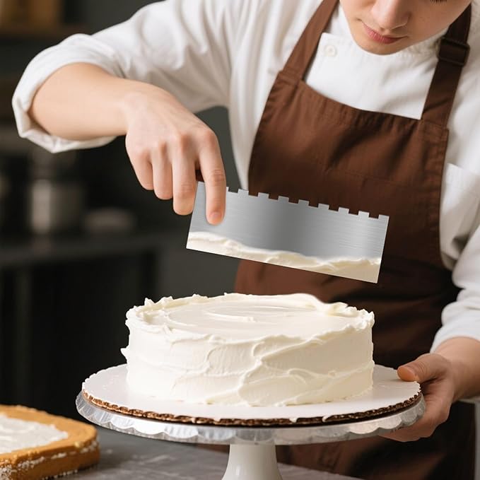 Stainless Steel Cake Scraper Cake Smoother Cake Decorating Comb Double Sided Patterned Edge Stripe Edge Smoother 8.6 Inch Metal Cake Scraper for Mousse Butter Cream Frosting Scraper Pastry Cutter