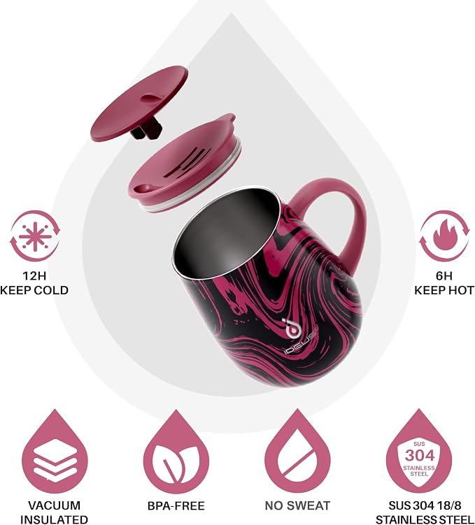 Ideus 16 oz (470 ml) Insulated Coffee Mug with Handle and Lid, Double Wall Stainless Steel Vacuum Thermal Coffee Mug, Travel Coffee Cup Thermal Cup for Home and Office (Red Zebra) - Image 2