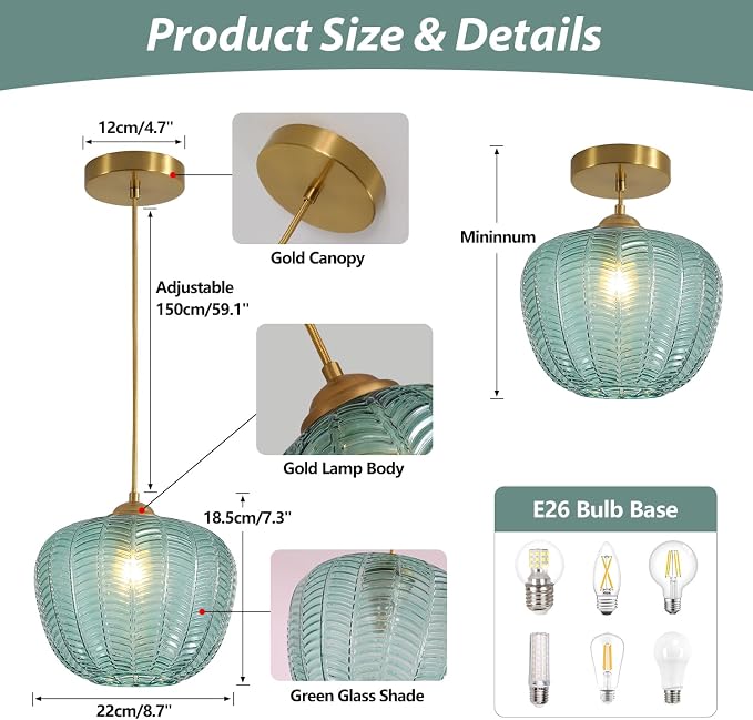 KCO Lighting Vintage Green Glass Pendant Light Gold Globe Pendant Lights Mid Century Modern Hanging Light Retro Pendant Light Fixtures - Image 2