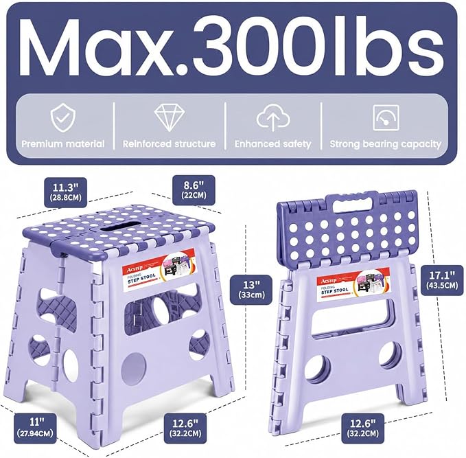 ACSTEP Foldable Step Stool for Adults 13 Inch, 300 lbs, Purple | Lightweight Stepping Stool with Handle and Non-Slip Surface, for Reaching Kitchen Cabinets, Bathroom Shelves and Closets - Image 3