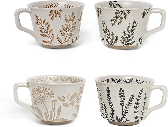 Vintage Ceramic Mug Set - 12 oz Unique Ceramic Coffee Mugs & Tea Cups with Hand-Drawn Patterns, Dishwasher & Microwave Safe, Ideal Gift by ZPGXLRZ