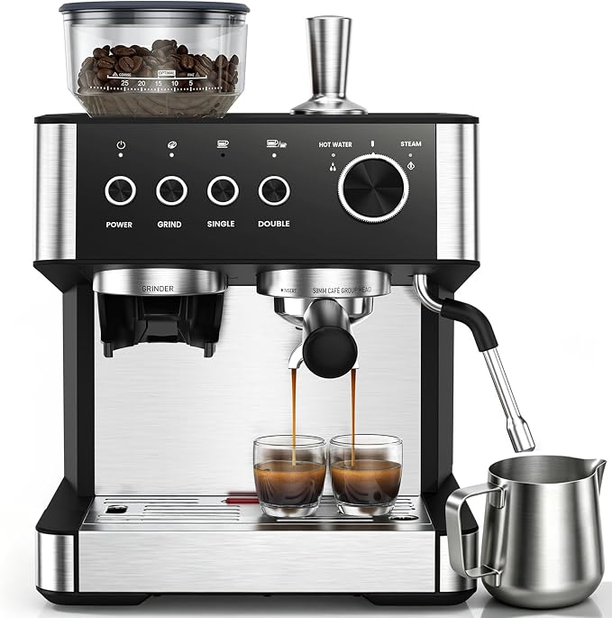 Espresso Machine with Grinder, Professional Expresso Coffee Machines,Coffee Maker with Tamping Tools and Steam Wand, 30 Grind Settings, Removable Water Tank for Cappuccino/Latte-Stainless steel&Black by Electactic