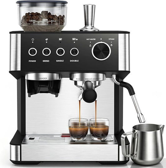 Espresso Machine with Grinder, Professional Expresso Coffee Machines,Coffee Maker with Tamping Tools and Steam Wand, 30 Grind Settings, Removable Water Tank for Cappuccino/Latte-Stainless steel&Black by Electactic