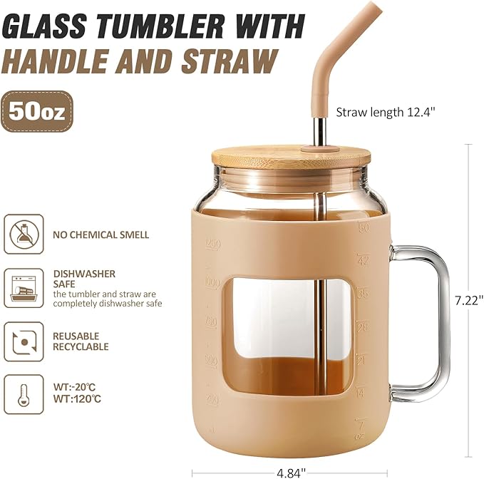50 oz Glass Water Bottles with Silicone Sleeve,Glass Tumbler with Lid and Straw,Iced Coffee Cup with Handle,BPA Free-Amber