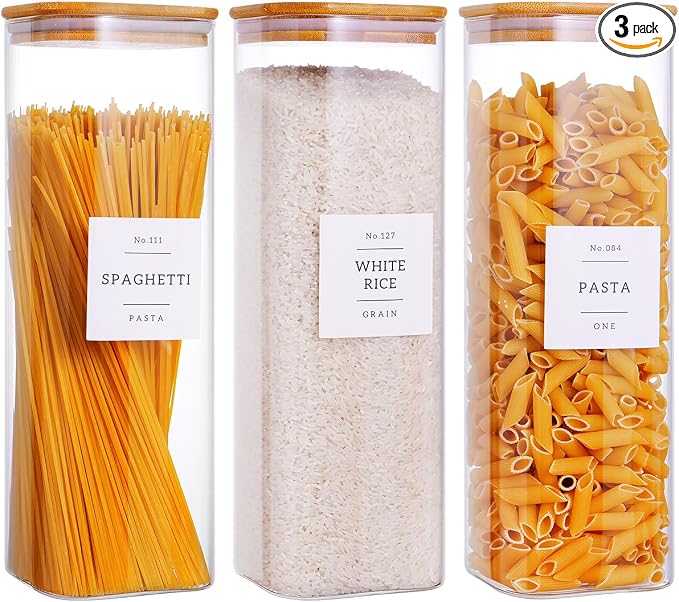 CZZGSM 3 Pack Square Kitchen Storage Jars with Airtight Bamboo Lids and 132 Pantry Labels - 80oz Glass Canisters with Wood Lids - Food Storage Containers for Spaghetti, Pasta, Fettuccine by CZZGSM