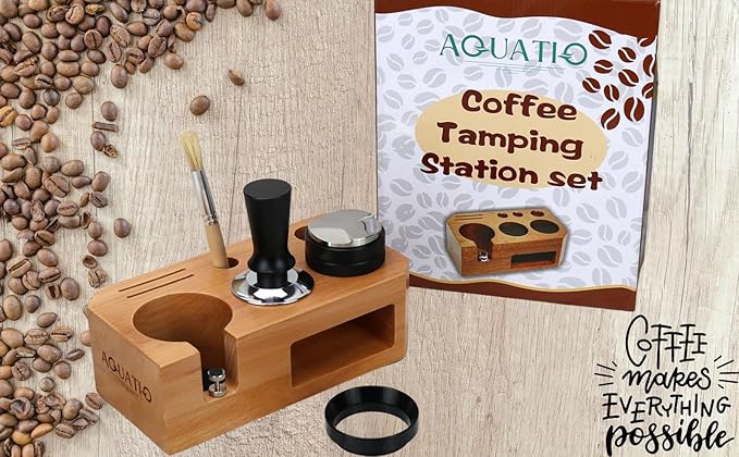 Espresso Tamping Station With Tools - 51, 53, 54 mm - Includes Tamper, Distributor, Dosing Funnel & Brush - Wooden Coffee Tamper Station - Espresso Organizer Portafilter Holder, Gift for Mom Dad Wife