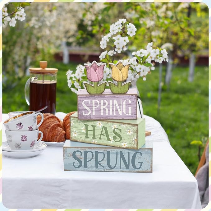 Moucuny 4 Pcs Spring Table Decorations Wooden Stacked Block Sign with Tulip Decor - "spring Has Sprung" Centerpiece Rustic Easter Tiered Tray Decorations Flower Signs for Home Kitchen Tabletop Mantel - Image 6