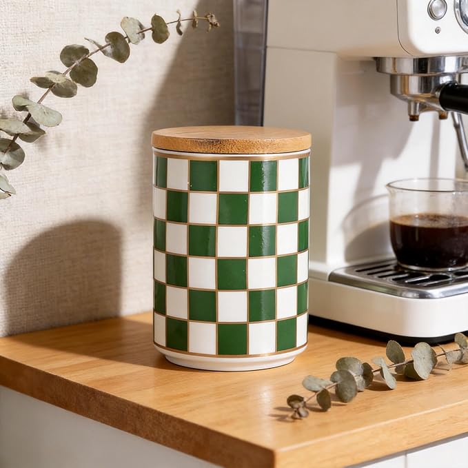 Kitchen Countertop Ceramic Checkered Canisters,Black And White Food Storage Containers With Lid,Airtight Kitchen Canisters for Flour, Sugar, Coffee, Tea, and Dry Goods (Green, Small) - Image 8