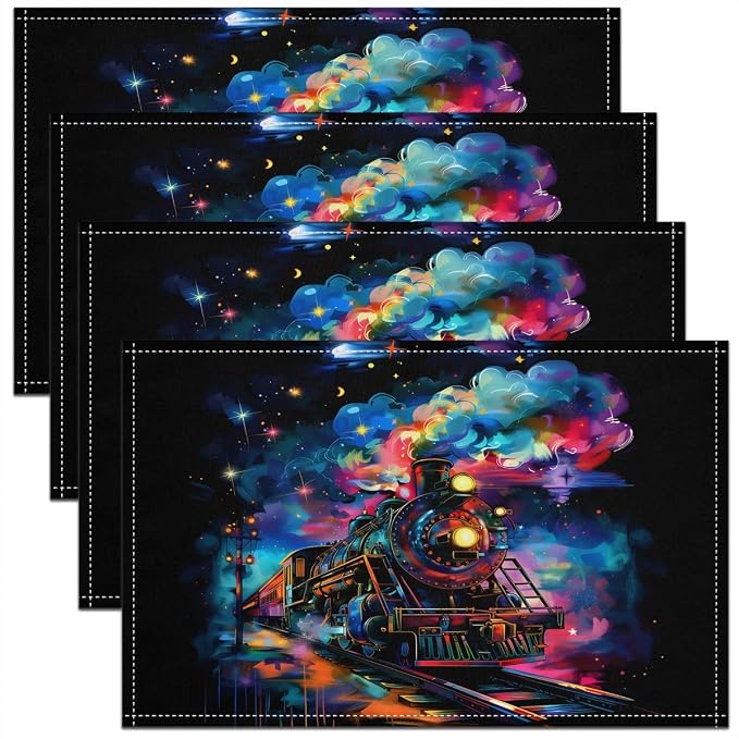 Feelyou Train Placemats Set of 4 12x18 Inch Colorful Steam Engine Table Mats for Party Kitchen Dining Decoration Holiday Seasonal Transportation Vehicle Place Mat for Dinner Indoor Outdoor Decor by Feelyou