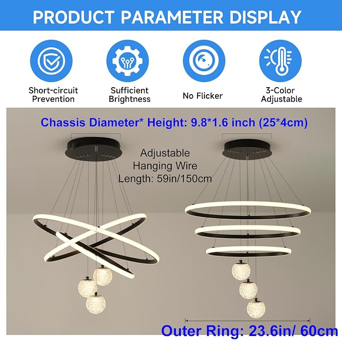 ORANOOR LED Modern 3 Ring Chandelier, 24inch Dimmable Kitchen Pendant Light | Black Dining Room Light Fixtures Ceiling Hanging Over Table, Globe Round Chandeliers for Dining Room Living Room Bedroom - Image 3