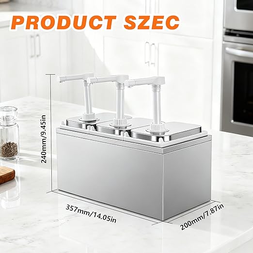 2.11 Quart Stainless Steel Sauce Pump Dispenser,Condiment Pump Station Detachable Leak-Proof Design for Sauce Honey Syrup Dressing,Commercial & Home Kitchen Use (3 Heads, 2L)