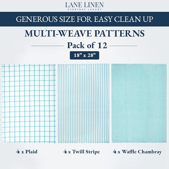 LANE LINEN Kitchen Towels & Dishcloths Set of 12-100% Cotton, Quick-Drying 18” x 28” Absorbent Dish & Tea Towels, Soft Hand Towels for Kitchen - Aqua - Image 3