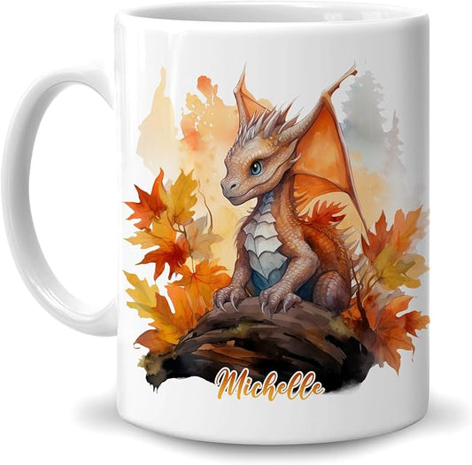 Hyturtle Personalized Fall Dragon Maple Leaves Coffee Mug Gifts on Birthday | Gifts For Dragon Lovers - Fall Autumn Decor Gifts For Farmhouse Thanksgiving - Custom Name 11oz White Ceramic Coffee Tea Mug by Hyturtle