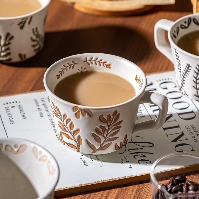 Mug Set of 2 Coffee Mugs Set 11 Ounce, Porcelain Cups for Latte, Hot Tea, Cappuccino, Cocoa, Soup, Dishwasher, Microwave Safe, Christmas Gift Set (Bean leaf & Vines) - Image 3