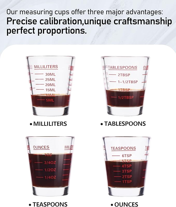 Shot Glasses Measuring Cup Set 4PACK Espresso Shot Glasses Liquid Heavy Glass 26-Incremental Measurement 1 OZ, 2 TBS, 6 TSP, 30 ML Kitchen Tools (Red)