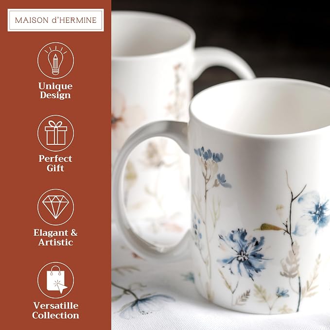 Maison d' Hermine Coffee Mug with Handles Tea Cups (15 Ounce, Pack of 2) | Fine Bone China Coffee Mugs for Hot Beverages Cappuccino Latte Home Restaurant Hotel Spring Summer -Ice Florals - Image 2