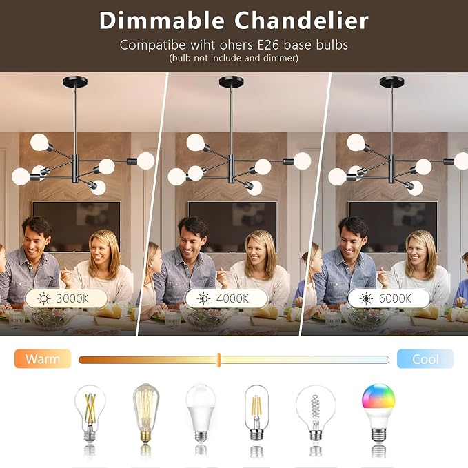 6-Light Modern Sputnik Chandelier, E26 Base Branch Height Adjustable,Mid Century Chandelier Pendant Light for Dining Room Hallway Bedroom Foyer Living Room Kitchen (Bulbs Not Included) - Image 4