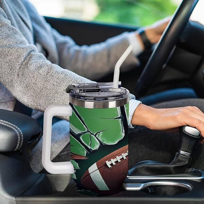 Football Impact on Cracked Glass Tumbler with Handle Insulated Water Travel Coffee Mug Bottle with Lid And Straw Stainless Steel Leak Proof Vacuum Insulated Cup 40 OZ