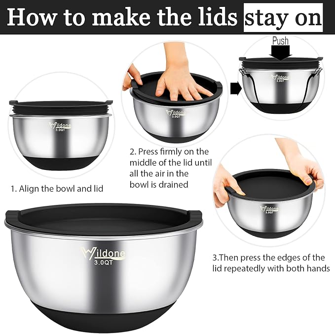Wildone Mixing Bowls with Airtight Lids, Stainless Steel Mixing Bowls Set | Metal Bowls with 3 Grater Attachments & Non-Slip Bottoms, Size 5, 4, 3, 2,1.5, 0.63QT, Includes Utensil Set for Prep, Black - Image 7
