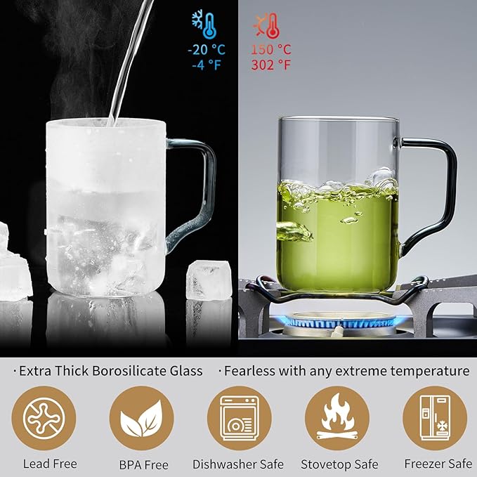 Glass Tea Cup with Infuser and Lid, 14.5oz/430ml Large Borosilicate Teacup, Clear Mug for Loose Leaf Tea,Birthday Gift for Women and Man