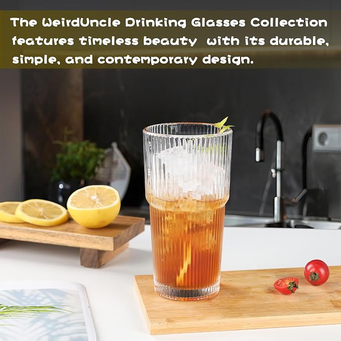 Set of 6 Oversize Ribbed Glassware, 20oz Vintage Clear Glass Tumbler, Large capacity, Origami Style, Fluted Design, Ideal for Water, Iced Coffee, Beer, Tea, Latte, Housewarming Gift (Large) - Image 9