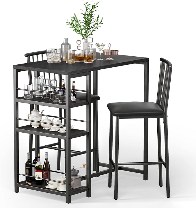 Gizoon 3-Piece Bar Dining Table Set for 2, Kitchen Table w/Shelves Black | Space-saving black bar height table set with 3 storage shelves. Includes 2 high-density PU cushion chairs that tuck away. - Image 8
