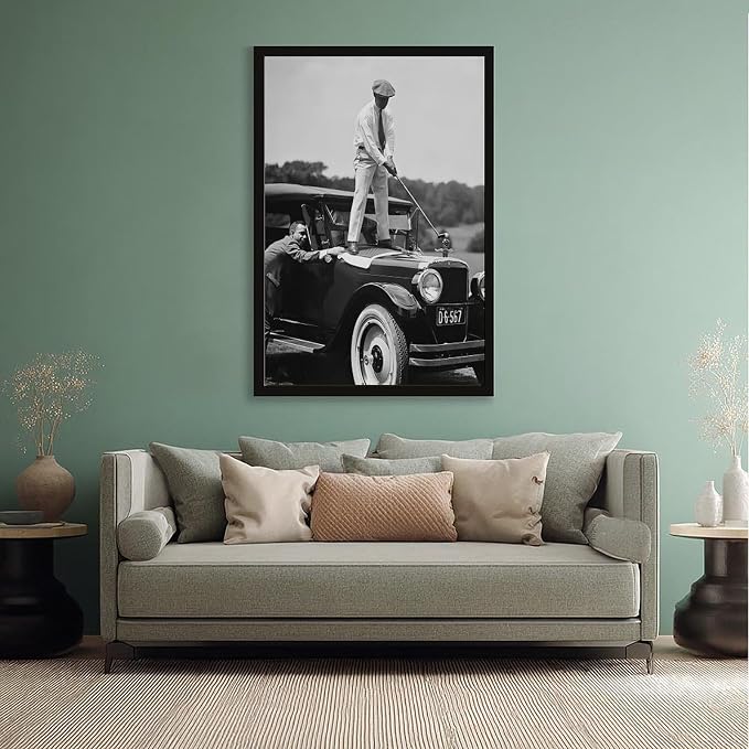 UXCBIA Vintage Golfer Teeing on Car, Black And White, Sports Bar Wall Decor, Funny for Men Poster Canvas Poster Bedroom Decor Sports Landscape Office Room Decor Gift Black Frame 24x36in(60x90cm) - Image 5