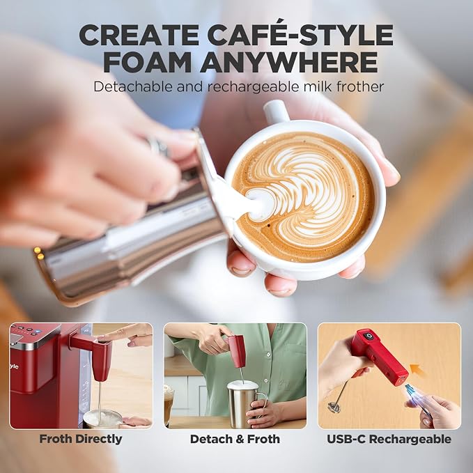 Tastyle Single Serve Coffee Maker with Built-in Detachable Milk Frother | For K Cups & Grounds, 40oz Removable Water Tank, 6 Brew Sizes, 2 Drip Trays, BPA Free, Fits 7.3" Travel Mug, K330MF, Red - Image 3