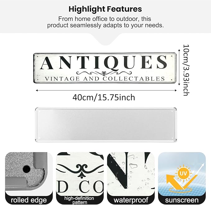 Antiques Store Sign Vintage Decor Rustic Wall Decor Retro Metal Sign 4×16 Inches For Home Cafe - Image 2