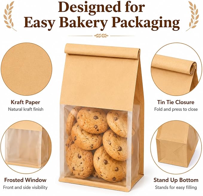 Kraft Bakery Bags with Window & Tin Tie, Stand Up Bread Bags | Window Paper Bags for Homemade Bread, Cookies, Pastries & Treats, Grease Resistant Packaging for Bake Sale, Bakery & Gifts - Image 8