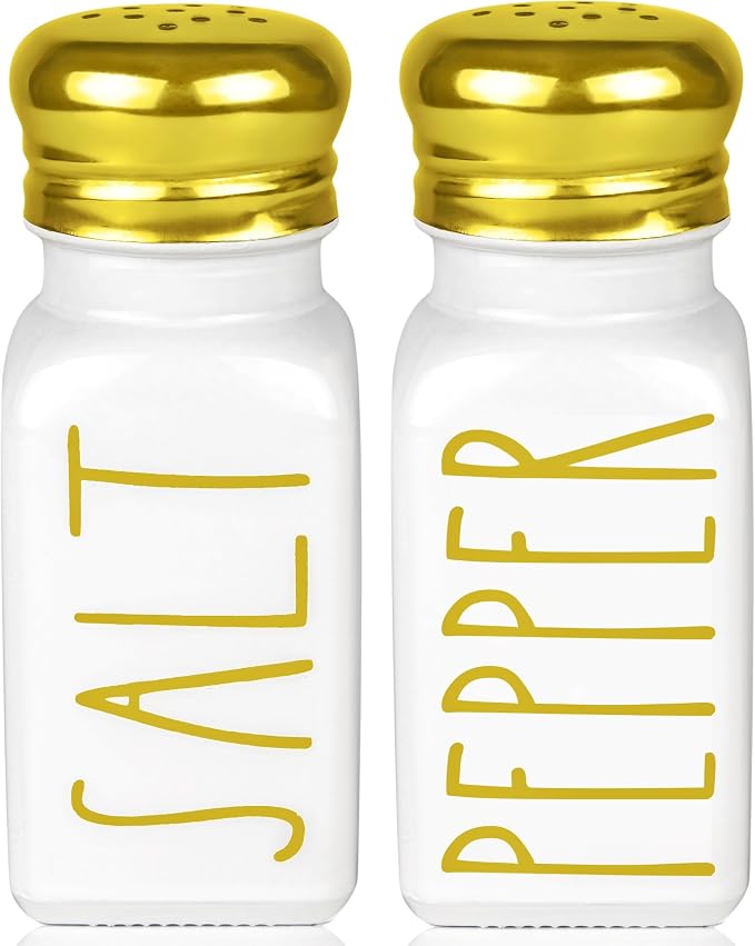 Luxury Gold Salt and Pepper Shakers Set by Brighter Barns - Glass Shakers & Stainless Steel Lid - Modern Decor for Home, Restaurant, Hotel, Wedding, Gifts - Luxury Kitchen Accessories (Gold) by BrighterBarns