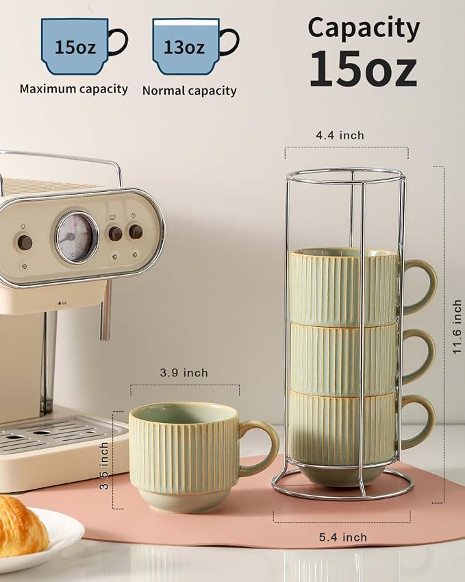 HASENSE Ceramic Coffee Mugs Set of 4 with Rack - 15 oz Stackable Large Porcelain Ribbed Latte Cup Set for Cappuccino, Tea, Hot Cocoa, Drinks - Dishwasher & Microwave Safe, Green Earth - Image 2