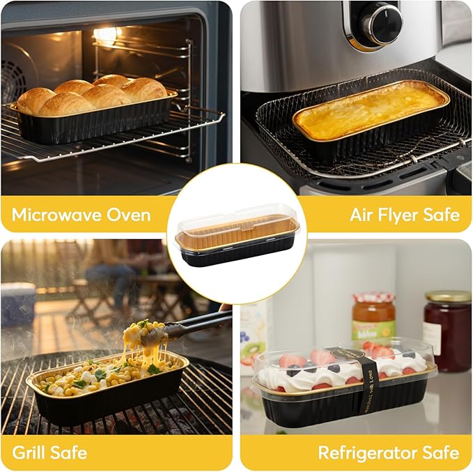 Ruckae 100 Pack Mini Loaf Pan Mini Loaf Baking Pans with Lids and Spoons,Disposable Aluminum Foil Pans, Rectangle Tin Foil Pans with Lids for Home, Pary, Picnics (Black Gold)