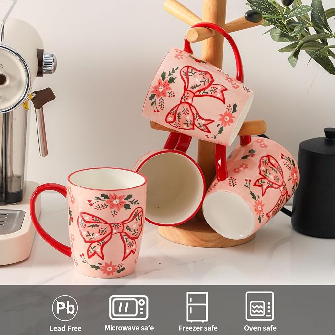 HASENSE Coffee Mugs Set of 4,16oz Ceramic Cups with Handle for Kitchen,Pink Bow Valentine's Day Latte Mugs for Hot Cocoa,Tea,Milk & Latte,Large Festive Stylish Mug Gift,Microwave and Dishwasher Safe - Image 3