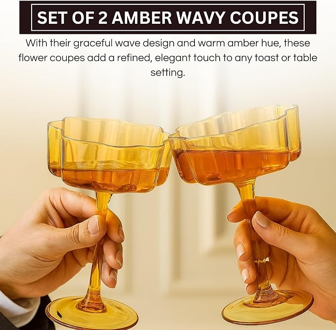 Flower Scalloped Vintage Wavy Petals Wave Glass Coupes 7oz Colorful Martini, Champagne & Cocktails, 2 Set Amber Rippled Champagne Glasses, Elegant Bar Glassware, Unique Aesthetic Coupe Glassware Gifts - Image 5