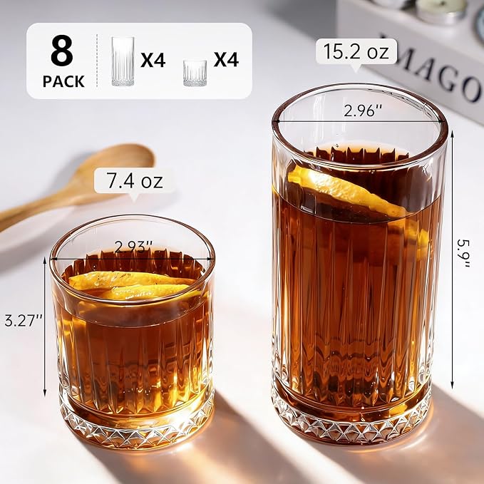 Ruckae Drinking Glasses Set of 8,15 oz and 7 oz Kitchen Water Glass Cups Set,Clear Ribbed Glassware Dishwasher Safe,Mixed Drinkware for Beer,Juice,Cocktail,Whiskey,Milk and Various Mixed Drinks - Image 3