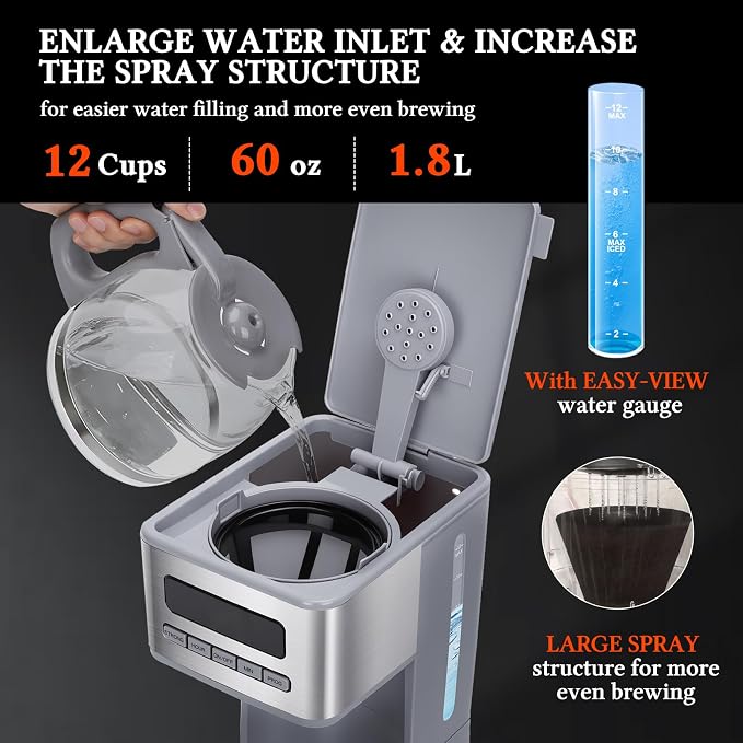 Taylor Swoden Iced Coffee maker 12 Cup, Gray & Stainless Steel | Programmable Coffee Maker, 4 Brew Strength, 24H Timer, Keep Warm&Auto Shutoff- Drip Coffee Machine for Home/Office, - Image 8