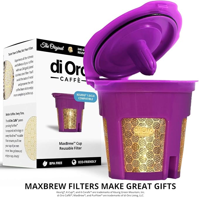 DI ORO MaxBrew Keurig Reusable K Cup Coffee Filter – For Keurig 1.0 and 2.0 Coffee Brewers - 24K Gold Small Refillable Coffee Filter - Fits K200, K300/K350/K360, K450/K460, K500/K550/K560 (Purple)