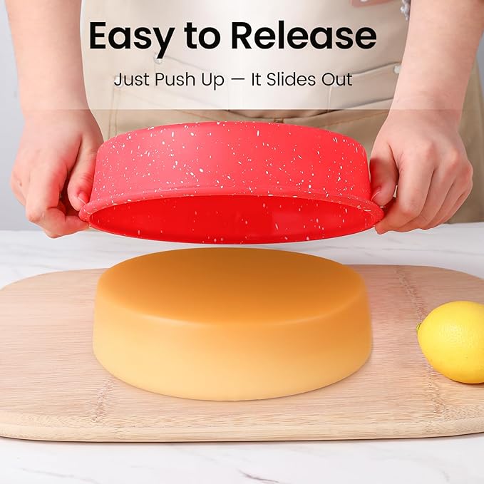 SJ 8 Inch Silicone Round Cake Pan with Metal Reinforced Frame Set of 2, Nonstick Silicone Cake Mold for Baking Suitable for Making Layers, Cheese & Chocolate Cakes - Red