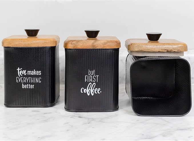 AuldHome Design Farmhouse Black Enamelware Canisters (Set of 3); Storage Containers for Coffee, Tea and Sugar in Black Enamel and Wood Design - Image 7