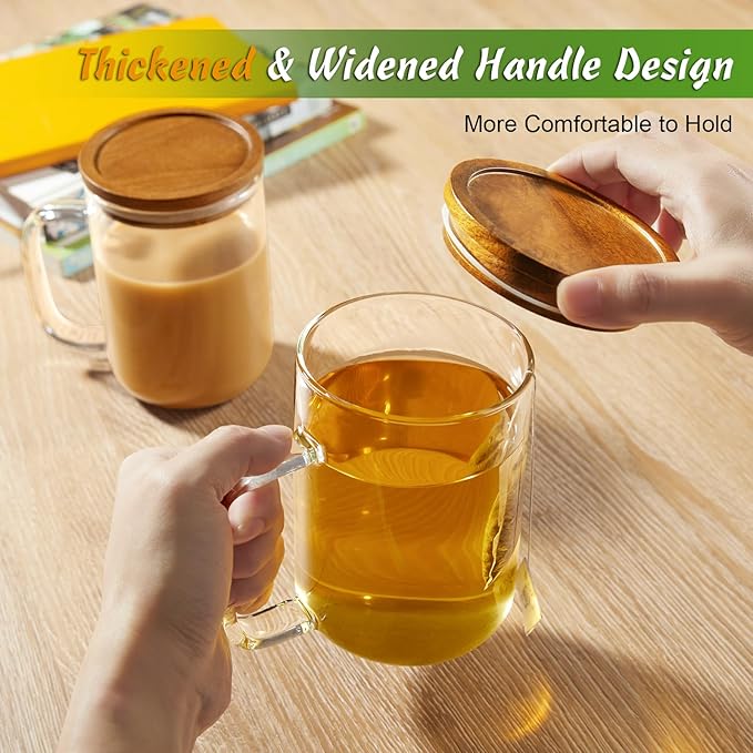 DRASTAR Glass Coffee Mugs, 20 oz Clear Coffee Cups, Coffee Mug with Acacia Wood Lid, Tea Glass Cups with Handles, Large Coffee Mug Set of 2, Glass Coffee Cups for Latte, Espresso, Tea - Image 6