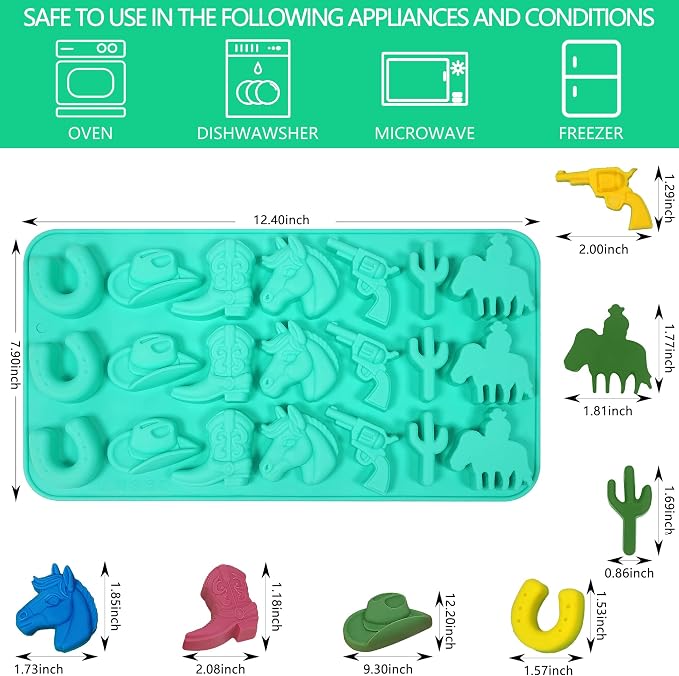 Zorazio Cowboy Chocolate Molds, Western Themed Silicone Chocolate Molds with Cowboy Hat, Boot, Cactus & Horse, Cowboy Silicone Baking Molds for Candy, Ice Cube, Cupcake, Cake Decoration, 3Pack - Image 2