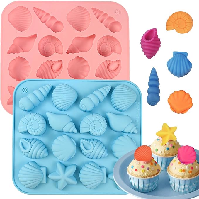 Seashell Chocolate Molds, 2 Pack Ocean Themed Silicone Baking Molds | Non-Stick Shell, Starfish, Conch Candy Mold for Cake Decoration, DIY Crafts, Snacks, Party Treats, Beach-Themed Decora by SIQINZONGWA