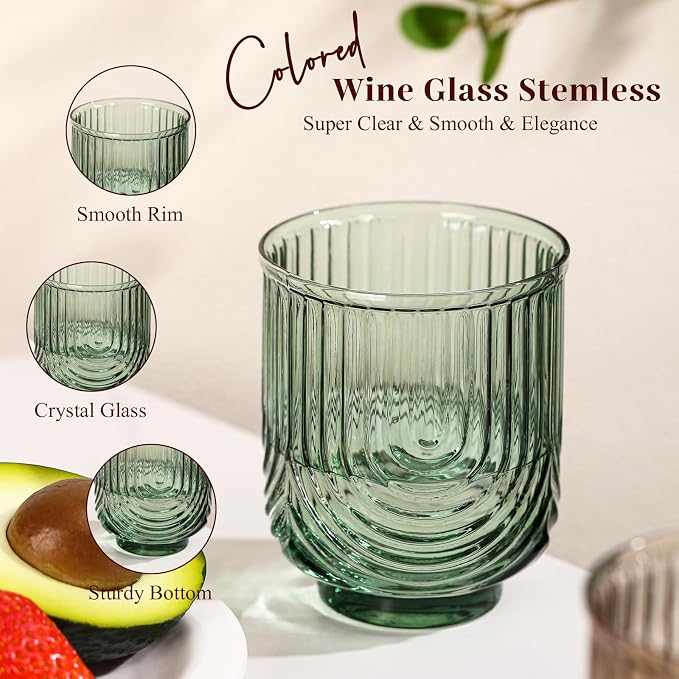 Colored Vintage Drinking Glasses Set of 6-15oz Hand-Blown Highball Ribbed Glassware, Arch Design Cocktail Glasses for Whiskey Water Beverages Ice Coffee Juice Milk - Image 2