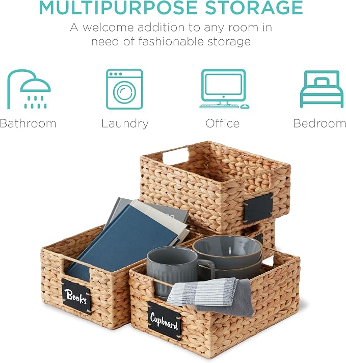 Best Choice Products Set of 4 9x12in Water Hyacinth Pantry Baskets, Woven Organizers w/Chalkboard Label, Chalk Marker - Natural - Image 6