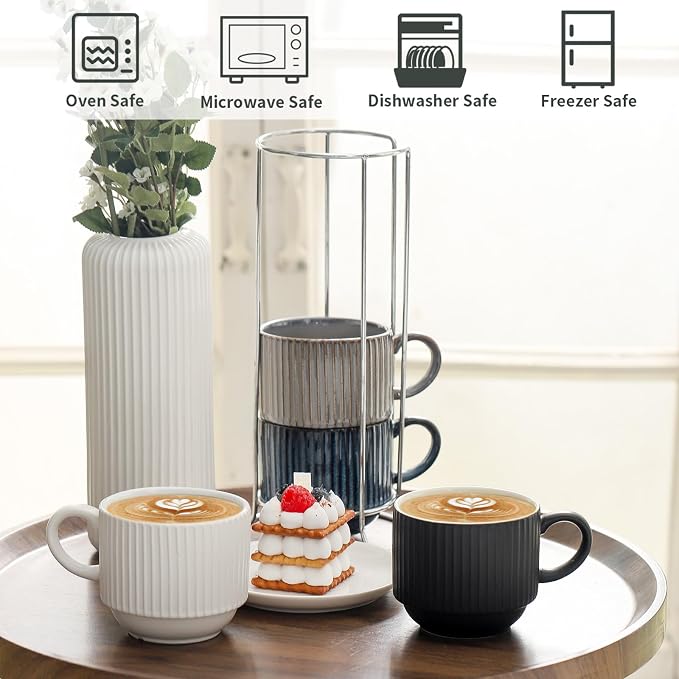 Ceramic Coffee Mugs with Stand,15 Ounce Stackable Coffee Cups Set of 4 for Latte,Cappuccino,Mocha,Cocoa,Ribbed Vintage Coffee Cups for Men Women,Dishwasher & Microwave Safe,Striped Multicolor - Image 3