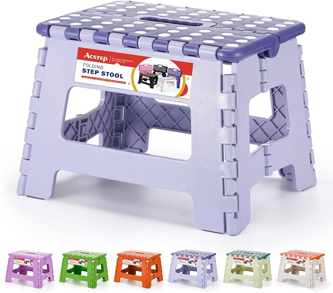ACSTEP Folding Step Stool 9 Inch for Kids, 300 lbs, Bicolor Purple | Lightweight Plastic Small Foldable Step Stool with Handle, Non-Slip, for Kitchen, Bathroom, Bedroom and Closet by ACSTEP