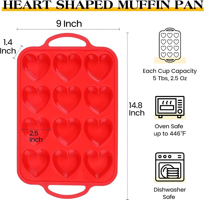 2 Pcs Heart Shaped Muffin Pan with Metal Reinforced Frame 12 Cup Nonstick Silicone Heart Cake Mold for Baking 2.5 Inch Cupcake Tray (Red) - Image 4