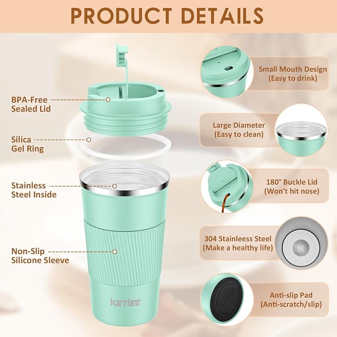 KETIEE 12oz Coffee Mug: Vacuum Insulated Coffee Cup with Leakproof Lid, Travel Coffee Mug Stainless Steel Double Walled Reusable Coffee Cup for Hot and Cold Water Coffee - Image 5