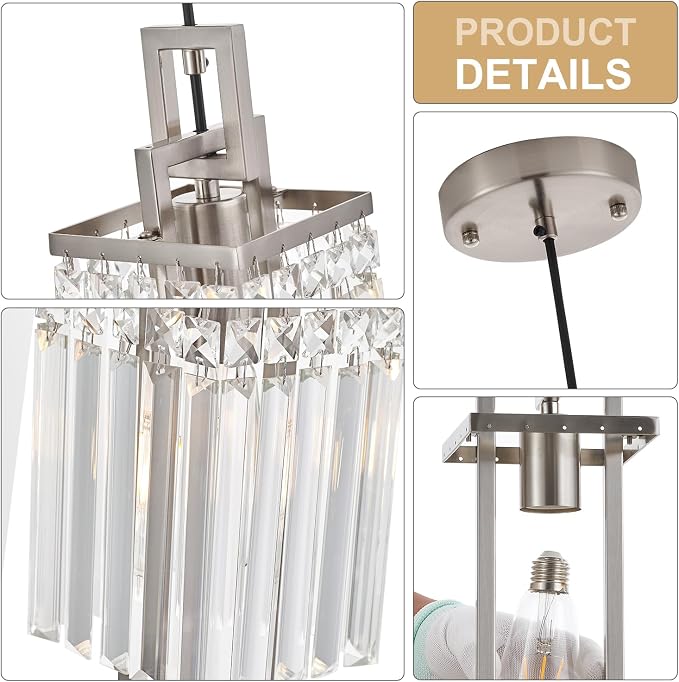 Modern Brushed Nickel Pendant Light Fixture for Kitchen Island and Dining Room, Industrial Small Hanging Crystal Chandelier Light Fixture for Bedroom Entryway Living room Foyer Hallway 3-Pack - Image 8